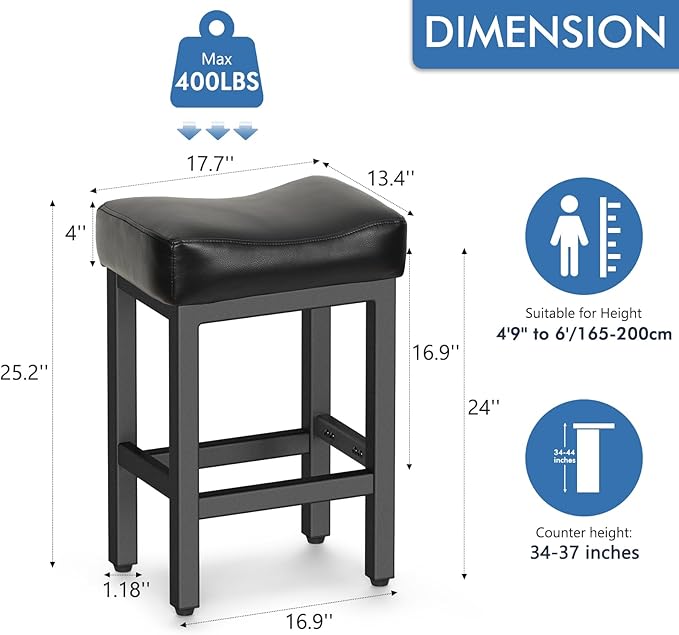 Counter Height Bar Stools Set of 3, 24 Inch Barstools for Kitchen Island Counter, Bonded Leather Kitchen Stools with Saddle Seats & Metal Base, Easy Assembly, Black