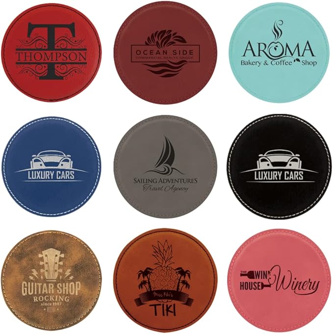 Custom Engraved Coasters | Personalized Leather Coaster | Set of 6 | Drink Coasters with Holder | Laser Engraved | Tabletop Protection | Gift for Couples (Round 4", Black w/Silver)