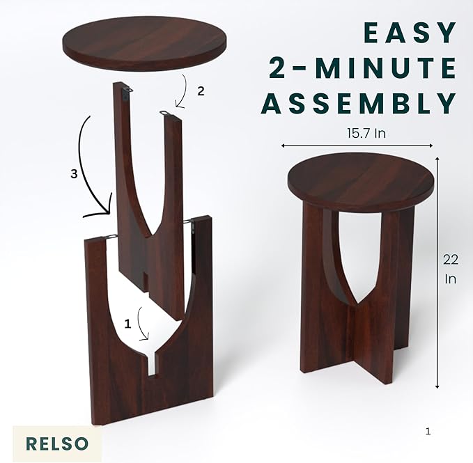 Relso Stupa Solid Wood End Table – 22" Tall Round Side Table for Living Room or Bedroom, Handcrafted Accent Table in Walnut Finish, Easy Assembly, Modern Minimalist Design for Small Spaces
