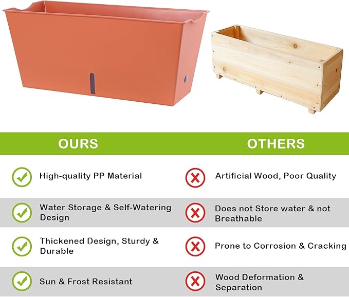 Window Box Planter 6 Pcs, 16.5 Inches Self Watering Rectangle Flower Plant Pots with Drainage Holes Trays, Vegetable Planters for Windowsill Patio Garden Balcony Porch Yard (Orange)