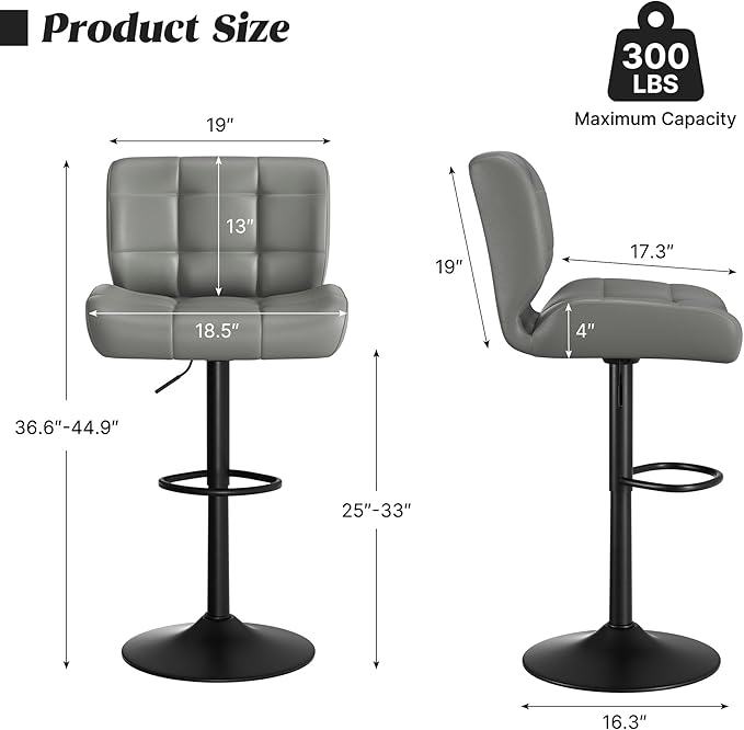 Modern Bar Stools Set of 2, Upholstered Faux Leather Swivel Bar Stools, Adjustable Counter Height Bar Chairs with High Back and Footrest for Kitchen Island (Dark Grey)