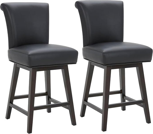 CHITA 26 Inch Counter Height Swivel Bar Stools Set of 2, FSC Certified Modern Upholstered Faux Leather Swivel Barstool Chair with Back, Black
