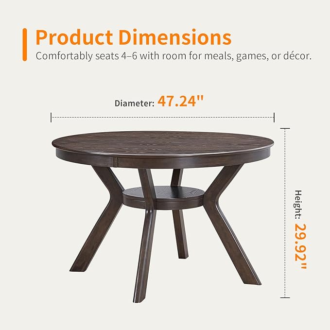 NicBex 47.24" Rubber Wood Round Dining Table for 4-6 People, Mid-Century Kitchen and Dining Table with Wooden Trestle Base, Rustic Brown Solid Wood and MDF Table for Dining Room or Living Room Brown