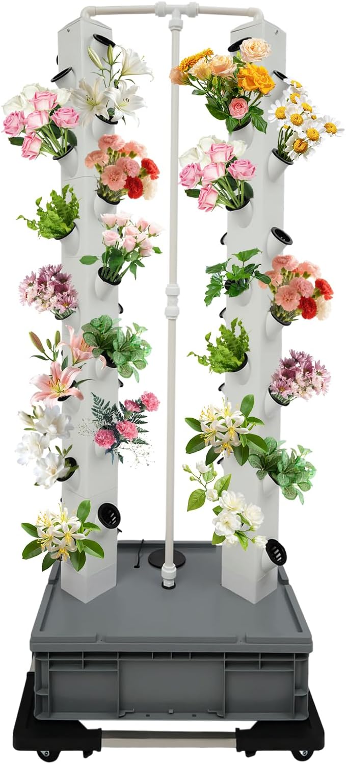 56-Hole Hydroponic Growing System Vertical Garden Tower with Automatic Watering Timer, 4 Wheels for Indoor Outdoor Use | Grow Lettuce, Strawberries, Tomatoes, Herbs