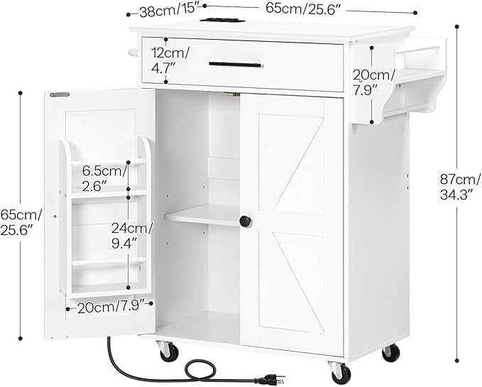 HOOBRO Kitchen Island with Power Outlet, Kitchen Storage Island with Large Worktop, Spice Rack and Drawer, Rolling Kitchen Island Cart on Wheels, for Kitchen and Dining Room, White WT88UZD01