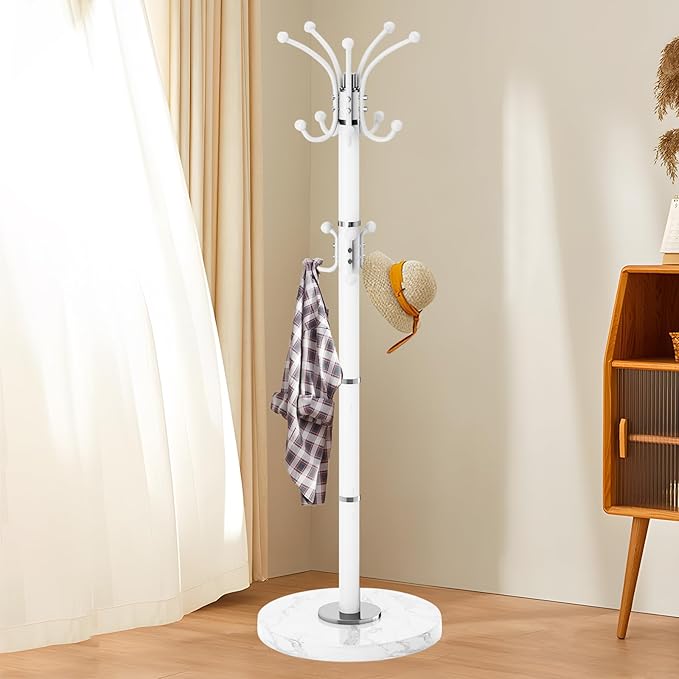 Metal Heavy Duty Coat Rack Stand, Modern 360° Roraty Freestanding Coat Rack with Natural Marble Base, White Coat Racks Hall Tree Hanger Stand with 16 Hooks for Entryway, Office