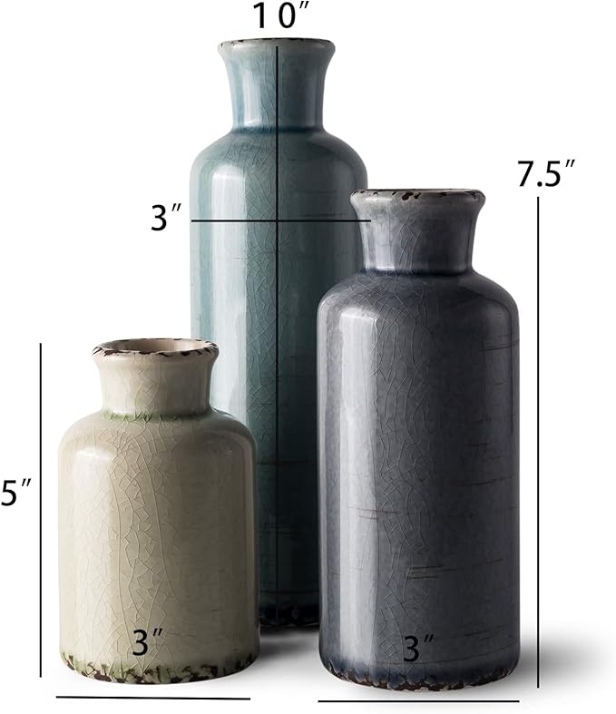 Small Ceramic Vase Set of 3, Wide Mouth Color Vases Bulk Lot for Boho, Flower, Centerpieces, Farmhouse Pampas Grass, Living Room, Bedroom, Home Decor and Dining Table Decoration, Brown