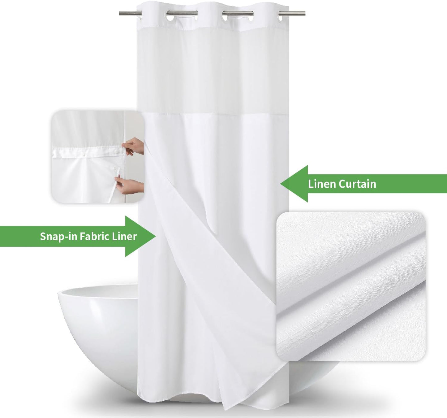 Stall No Hooks Needed White Shower Curtain with Snap-in Fabric Liner Set,Linen Textured Hotel Luxury Decor Shower Curtains for Bathroom with Mesh Top Window,Waterproof & Washable,36Wx74H,