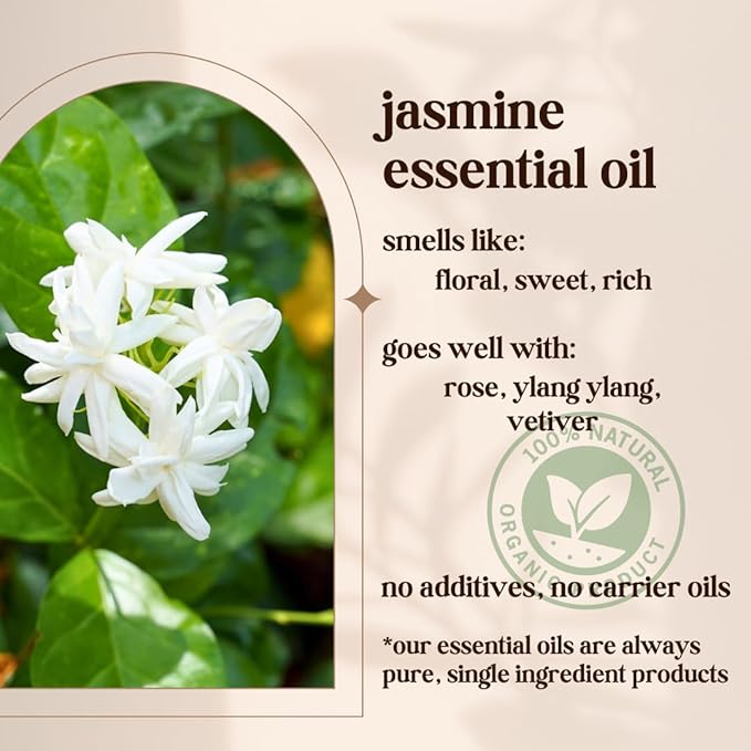Jasmine Essential Oil - 100% Pure & Natural, Organic, Undiluted for Aromatherapy, Skin, Hair, Diffuser (0.33oz - 10ml)