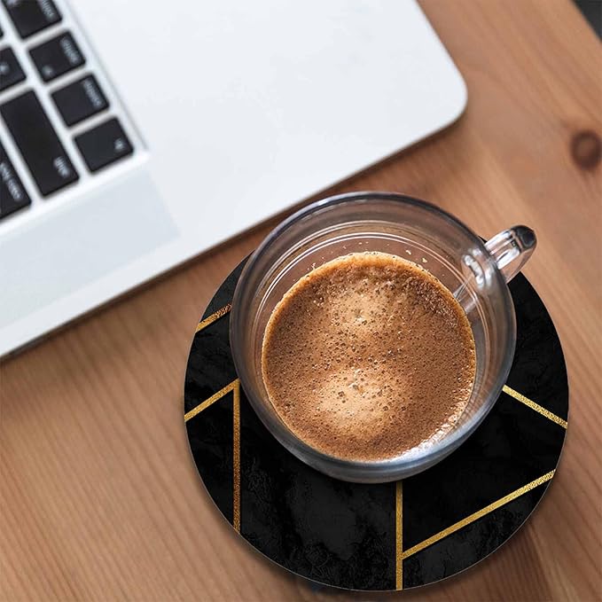 Modern Stylish Geometric Drink Coaster for Tabletop Protection Black Triangle Patchwork Collage Gold Line Luxury Polygon Non-Slip Cups Place Mats Home Decor Diatomite Material for Men Women
