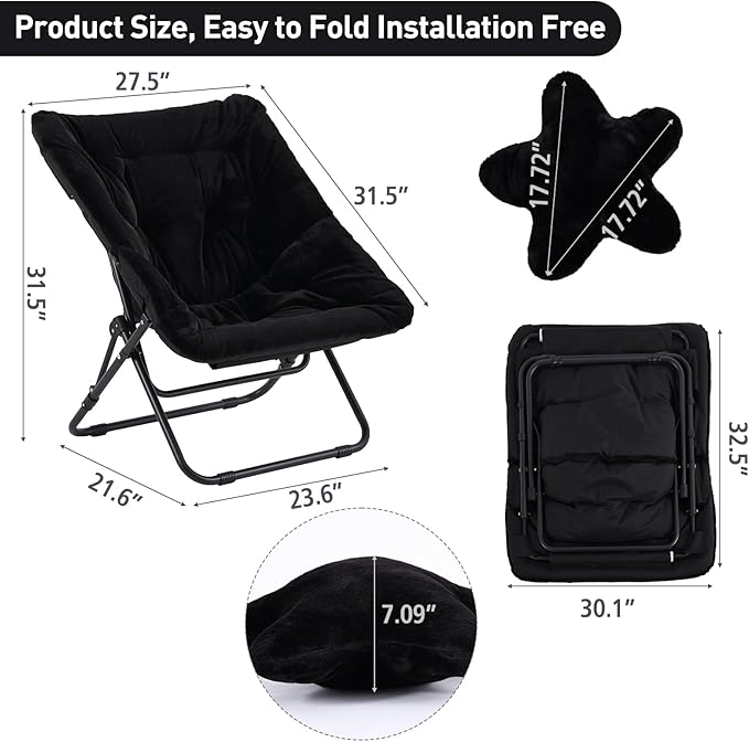 Welnow Comfy Saucer Chair, Oversized Folding Reading Chair for Adults with Throw Pillow Soft Faux Fur Lounge Chair for Bedroom Furry Accent Chair for Living Room, Dorm Rooms, Black