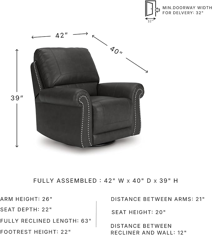 Signature Design by Ashley Chatterton Classic Faux Leather Manual Rocker Swivel Glider Recliner with Nailhead Trim, Black