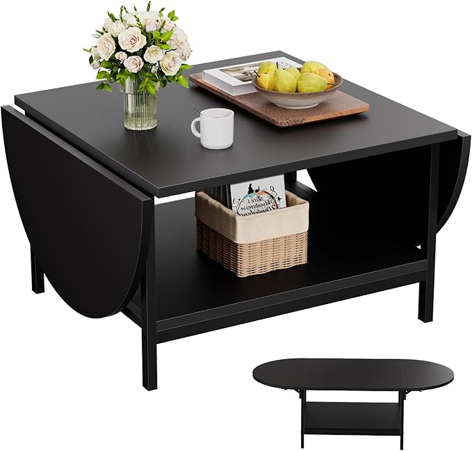 SAYGOER Black Coffee Table Modern Extended Coffee Tables with Storage for Living Room 2-Tier Unique Center Table with Two Folding Panel for Any Large or Small Space,Foldable, All Black