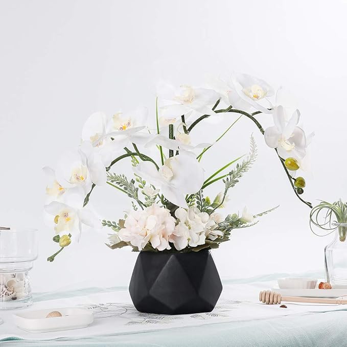 LESING Artificial Potted Orchid Flower for Table Centerpieces,Real Touch White Fake Orchid Flowers in Vase for Home Decoration (Style 2,Black Vase)