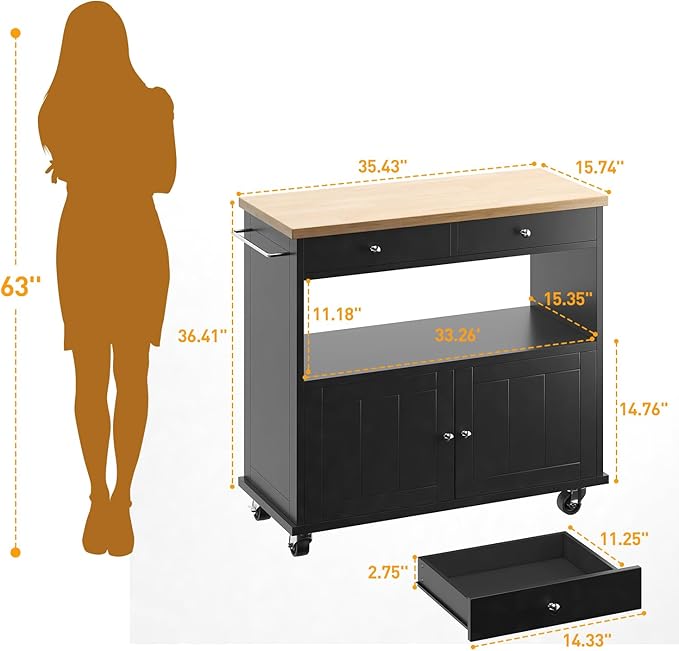 Rolling Kitchen Island with Storage Cabinet, 35.4'' Width Kitchen Cart, 2 Drawers Island Table, Portable Mobile Kitchen Island with Towel Rack, Wood Top and Lockable Wheels, Black