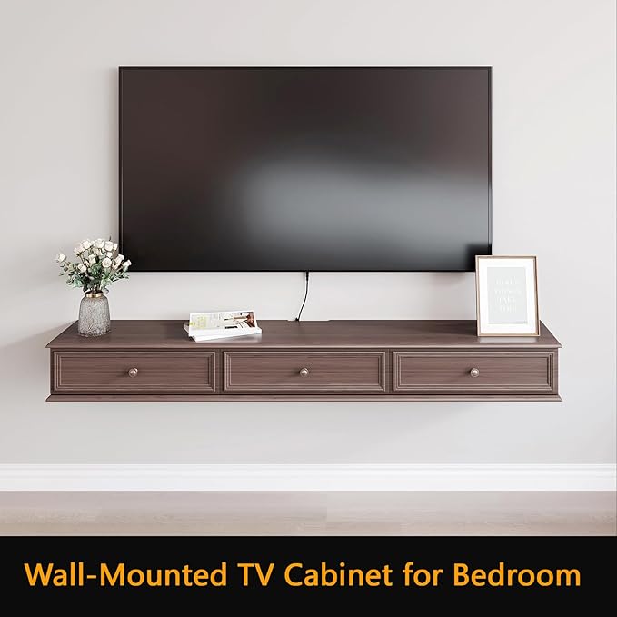 70-inch Wall-Mounted TV Stand, Accommodates 50- to 75-inch TVs, Features Hidden Cable Management, high Weight Capacity, and Space-Saving Walnut Floating TV Stand