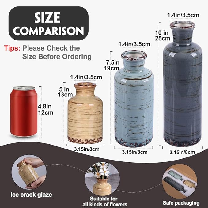 Ceramic Vase Set of 3, Small Flower Vases Home Decor, Modern Rustic Farmhouse Pottery Vases for Centerpieces, Living Room, Kitchen, Shelf, Bedroom, Bathroom, Fireplace, Table Shelf and Entryway Decor