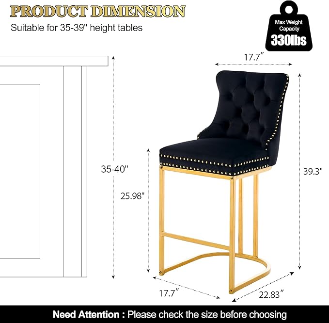 UVV Counter Height Bar Stools Set of 3, 26" Modern Barstools with Back, Velvet Upholstery Counter Chairs with Metal Legs for Kitchen Island, Bar, Counter, Black