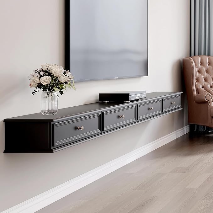 86-inch Wall-Mounted TV Stand, Accommodates 50- to 75-inch TVs, Features Hidden Cable Management, high Weight Capacity, and Space-Saving Black Floating TV Stand