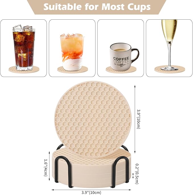 Coasters Set of 6 with Holder,Coasters for Drinks,Coffee Table Decor Coaster,Suitable for Kinds Cups,Anti-Slip,Non-Stick,Silicone Cup Coaster and Living Room Decor (6 Pcs, Tapioca)