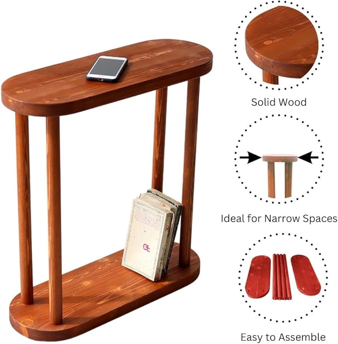 Oval Solid Wood Narrow Side Table, Slim End Table, Small Coffee Table (Chestnut, Large)