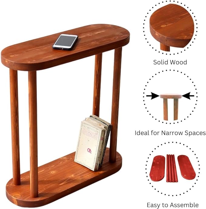 Oval Solid Wood Narrow Side Table, Slim Small Pedestal Coffee Table for Living Room, Modern Minimalist Design for Small Spaces, Recliner Drink Table (Chestnut, Medium)