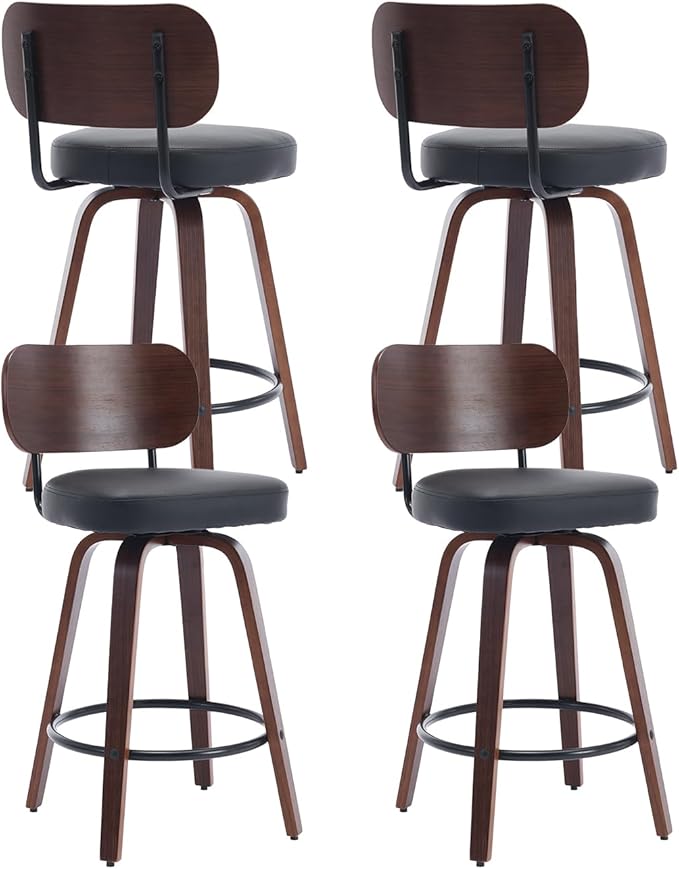 Counter Stools Set of 4, 26 inch Swivel Counter Height Bar Stools with Walnut Back,Upholstered PU Leather, Bentwood Legs, Mid Century Modern Bar Chairs for Kitchen Island, Black