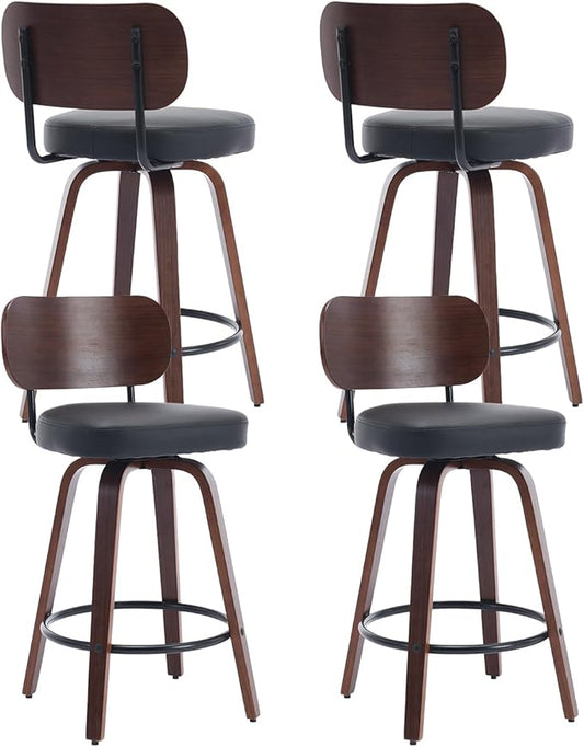 Counter Stools Set of 4, 26 inch Swivel Counter Height Bar Stools with Walnut Back,Upholstered PU Leather, Bentwood Legs, Mid Century Modern Bar Chairs for Kitchen Island, Black