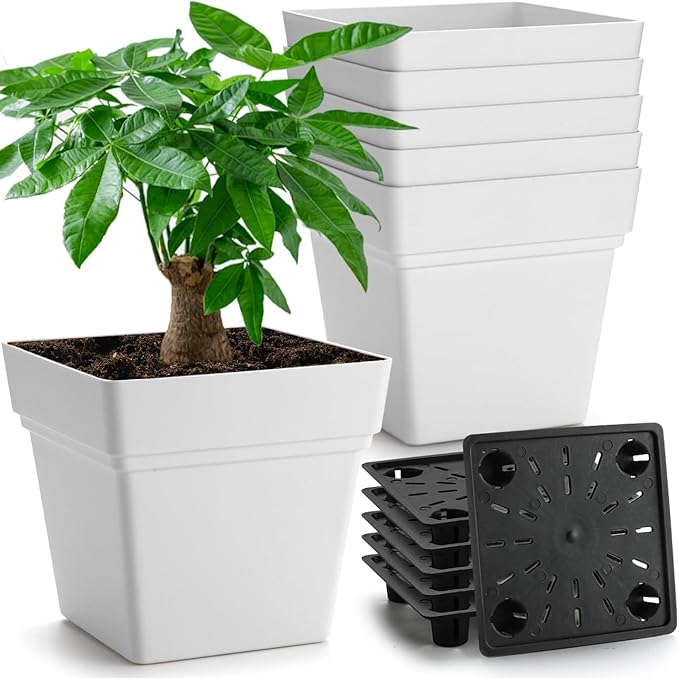 6-Pack 7'' Square Planters with Built-in Drainage Tray – Heavy-Duty Plastic Pots with Drainage Holes and Bottom Stopper, BPA-Free White Matte Planter Stackable for Indoor Plants, Herbs, Flowers