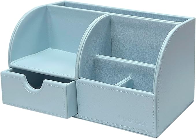 UnionBasic Desk Organizer - Multifunctional Leather Desktop Pen Holder Storage Box - Business Card/Pen/Pencil/Mobile Phone/Stationery Holder, Lychee Blue Revised