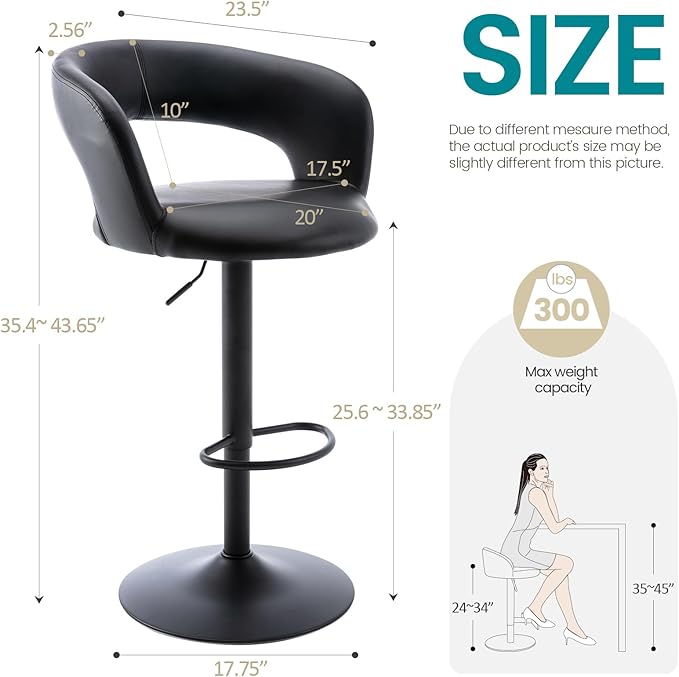 Brage Living Wide Bar Stool, Modern PU Leather Swivel Adjustable Barstool with Hollow Back and Arms, Upholstered Airlift Counter Height Bar Chair for Kitchen Dining (Black, Matte Black Base)
