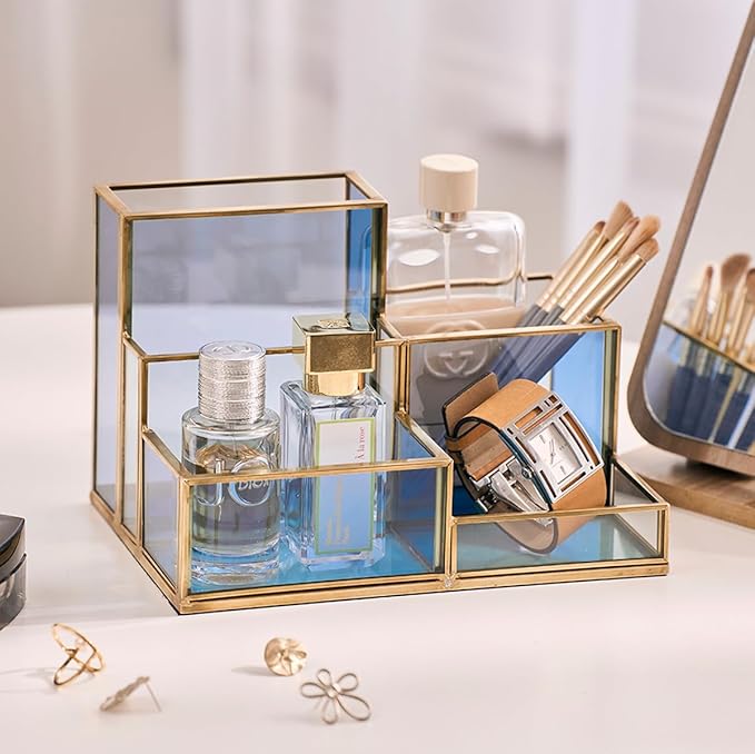 5-Compartment Desk Organizer for Home Office Supplies, Gold Brass with Blue Glass, Workspace Storage for Stationery, Cosmetic, Makeup Tools and Brush.