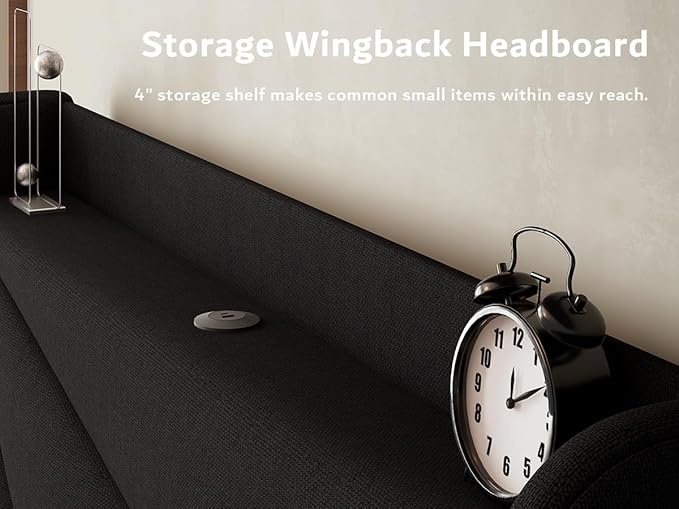 iPormis Twin Size Bed Frame with Charging Station, Linen Platform Bed Frame with Wingback Headboard Upholstered Bedframe, Solid Wood Slats Support, No Box Spring Needed, Easy Assembly, Black