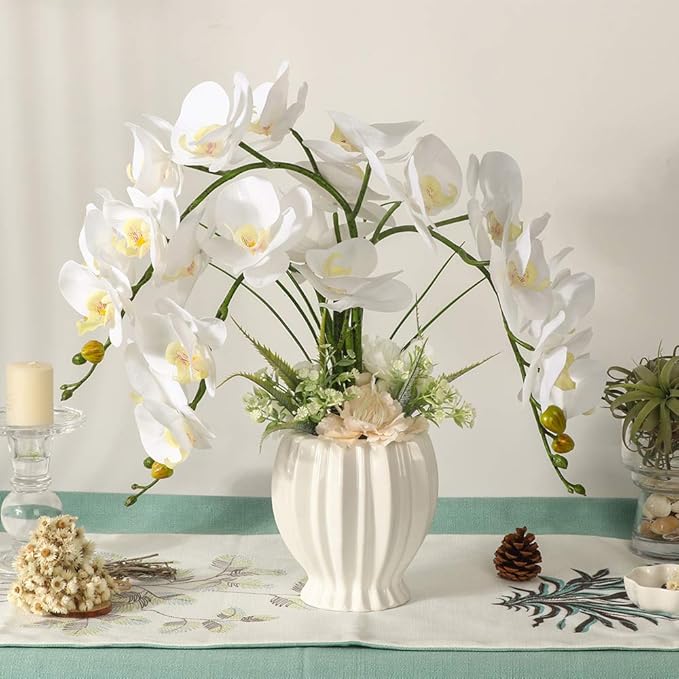LESING Artificial Potted Orchid Flower for Table Centerpieces,Real Touch White Fake Orchid Flowers in Vase for Home Decoration (Style 3,White Vase)