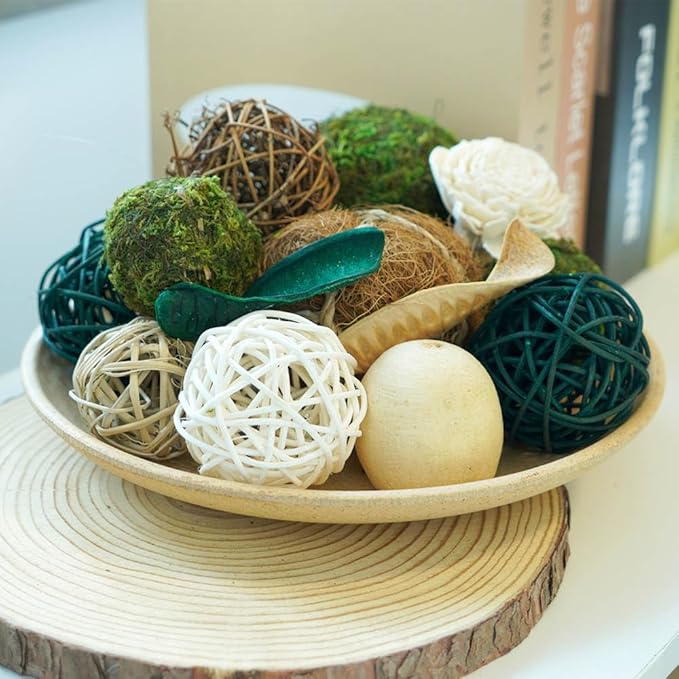 Qingbei Rina Green Moss Decorative Balls for Bowls, Assorted Wicker Rattan Balls Decorative Orbs Woven Spheres, Wedding Bowl Fillers for Home Decor