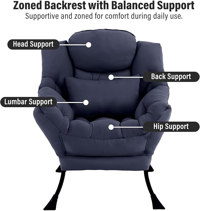 Lazy Chair with Ottoman, Modern Accent Chair with Lumbar Pillow, Comfy Chairs with Folding Footrest for Bedroom, Reading, Oversized Supportive Lounge Chairs(Navy Blue)