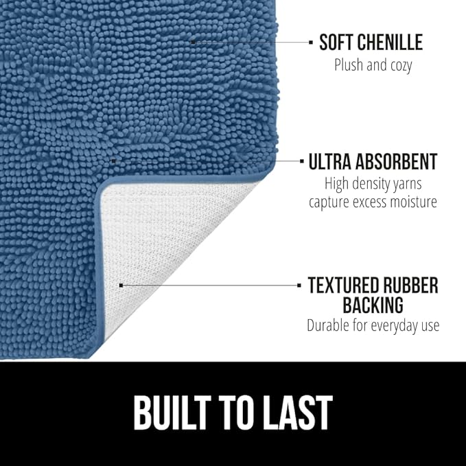 GORILLA GRIP Bath Rug Mat 30x20, Thick Soft Absorbent Chenille, Quick Dry Microfiber Mats, Rubber Backing Washable Shower Floor Rugs, Bathmat Runner, US Designed Bathroom Home Decor Accessories Blue