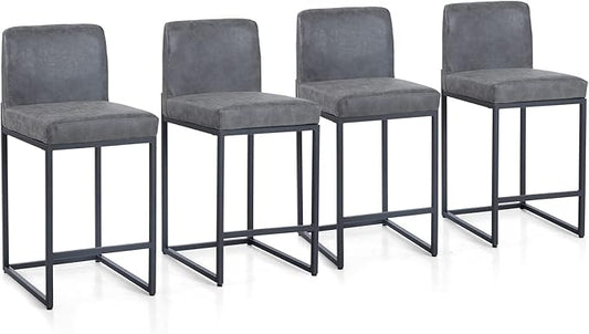 Sophia & William Grey Leather Bar Stools Set of 4, Counter Height 24" Bar Stools with Backs for Kitchen Island