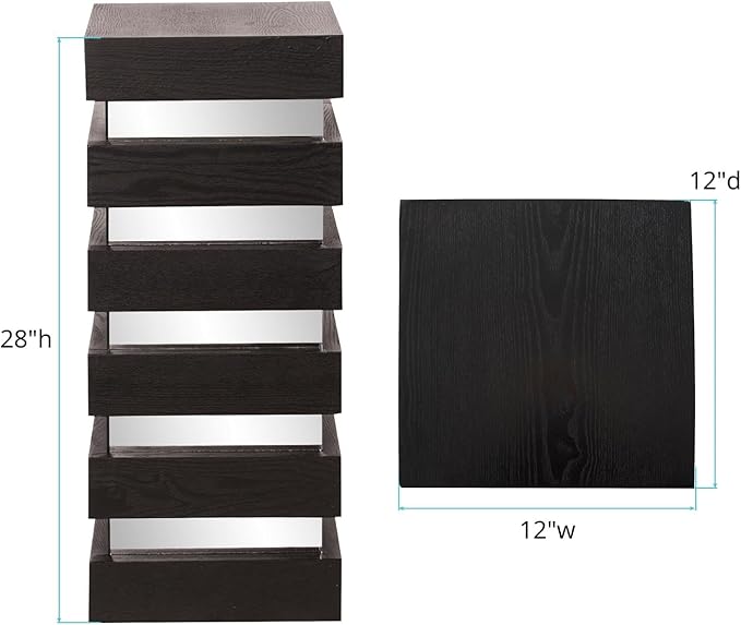 Howard Elliott Stepped Pedestal Accent Table, Black Wood and Mirrored Side End Table for Home Decor, Small Space Pedestal Table for Bedroom, Living Room & Entryway, 12 x 12 x 28 Inch, Medium