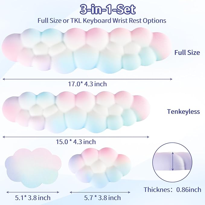 Cloud Wrist Rest Keyboard, Cloud Keyboard Wrist Pad Set with PU Leather Memory Foam, Cute Arm Rest for Palm Support, PC/Gaming Desk Accessories/Office Setup/Computer Hand Cushion - Rainbow
