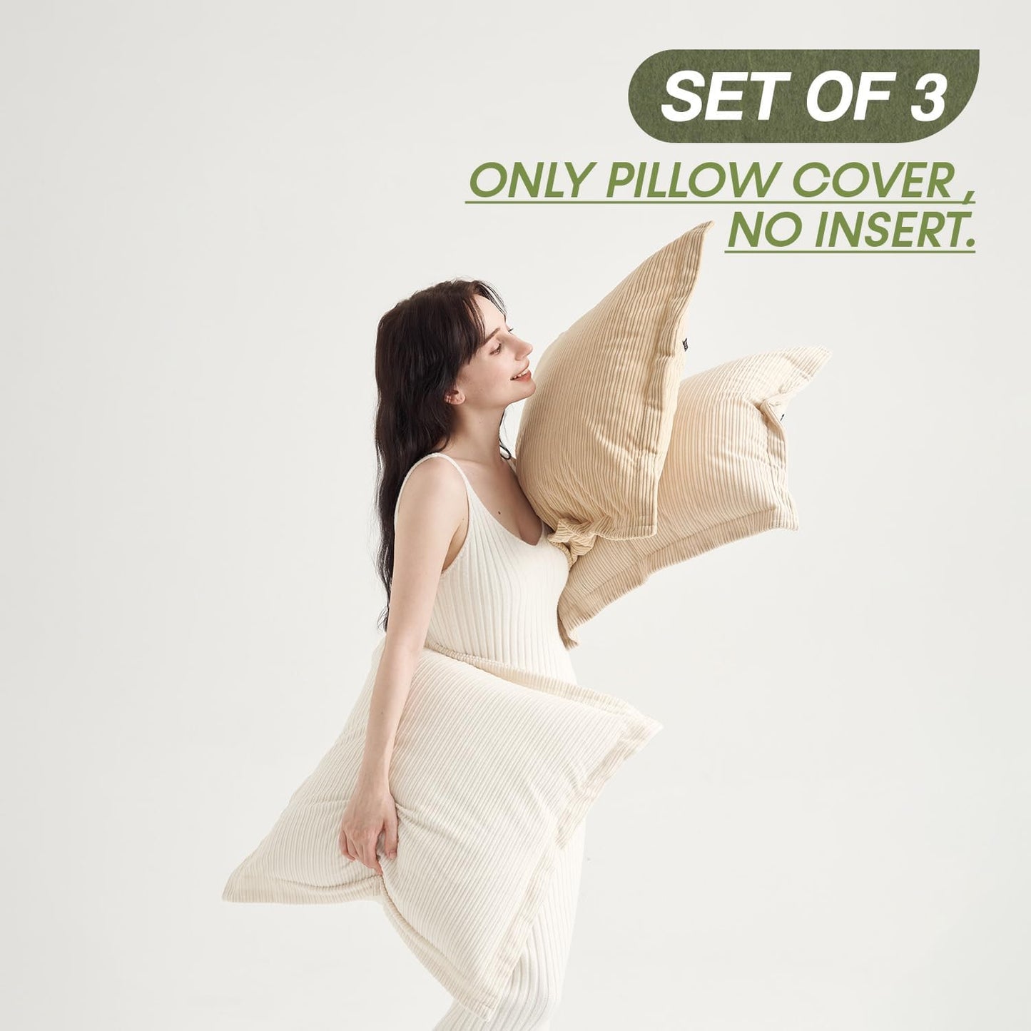 Set of 3 Decorative Vintage Throw Pillow Covers 18x18inch, Soft Striped Textured Corduroy Square Cushion Pillowcases for Modern Bedroom Living Room Farmhouse Decor(Camel, Beige & White)