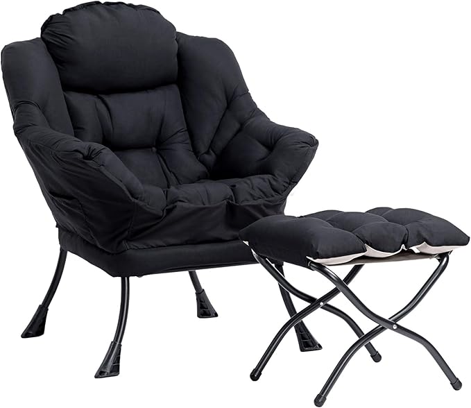 HollyHOME Fabric Lazy Chair with Foldable Ottoman, Accent Comfy Lounge Arm Chair and Folding Footrest Stool Set, Leisure Sofa Reading Chair and Footstool for Living Room, Bedroom, Dorm, Matte Black