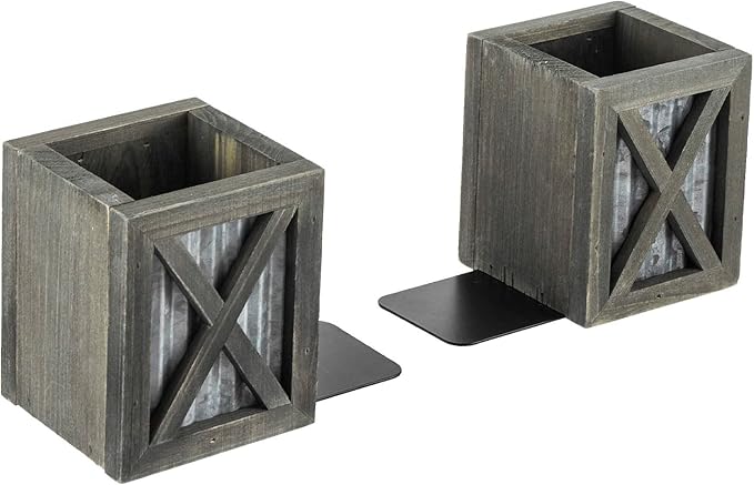 MyGift Vintage Gray Wood Decorative Bookends with Corrugated Galvanized Metal Accent, Desktop Book Ends with Pen Holder Pencil Cup Stationery Storage Bins for Home Office, Classroom, Dorm Room, 1 Pair