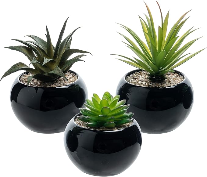 MyGift Mini Assorted Artificial Succulents in Round Black Ceramic Pots, Mixed Realistic Indoor House Plants, Set of 3