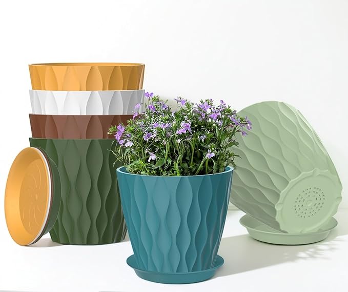 6 Pack 7 Inch Plant Pots with Drainage and Saucers, Multicolour Plastic Flower Pots for Indoor and Outdoor Plants, Stackable Nursery Planters for Houseplants and Herbs, Multicolour