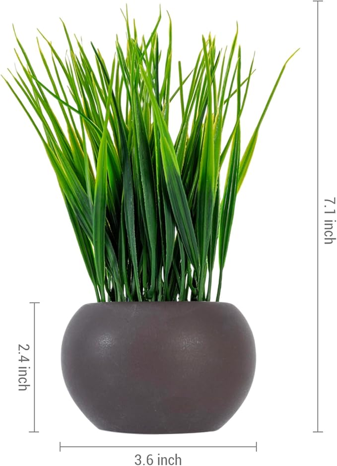 MyGift 7 Inch Tall Modern Mini Artificial Grass Plants in Small Round Brown Ceramic Pots, Decorative Tabletop Faux Greenery Indoor Home Decor, Set of 3