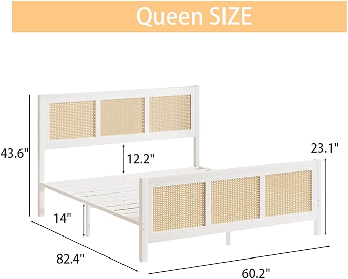 Rattan Bed Frame Queen, Boho Bed Frame with Headboard, Metal Platform Bed Frame Queen Size with Strong Slats Support, No Box Spring Needed, Noise Free, Easy Assembly, White