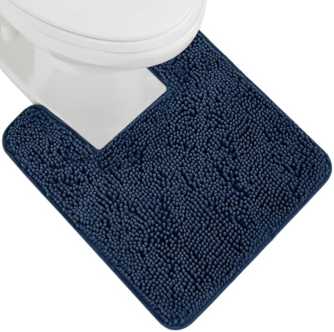 GORILLA GRIP Plush Absorbent Shaggy Chenille Bath Rug Mat for Square Toilet Base with Rubber Backing, Machine Washable Rugs, Soft Microfiber Contour Mats for Toilets, Bathroom Decor, Navy