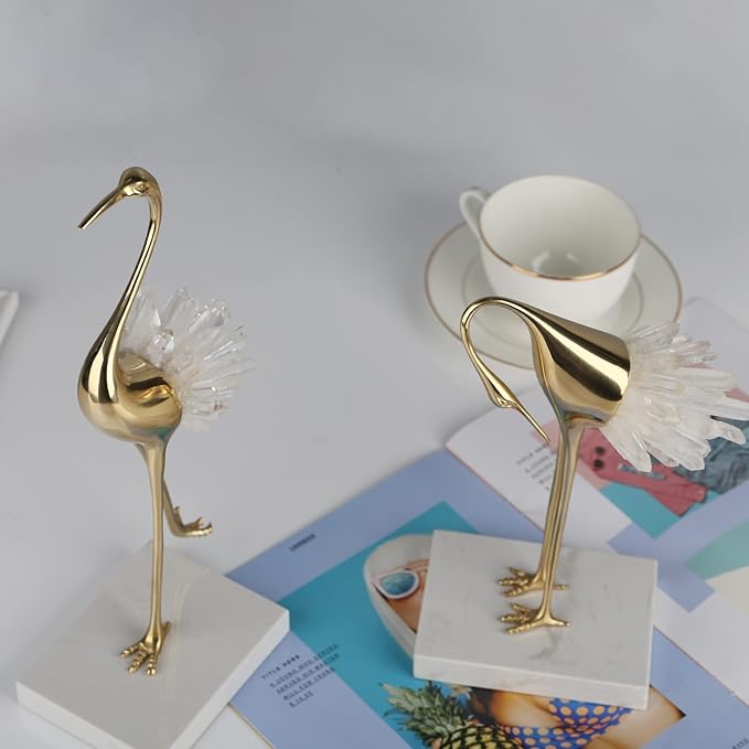suruim Elegant Gold Crane Bird Statues with Crystal Tail Accents, Decorative Brass Figurines for Home Decor (White B)