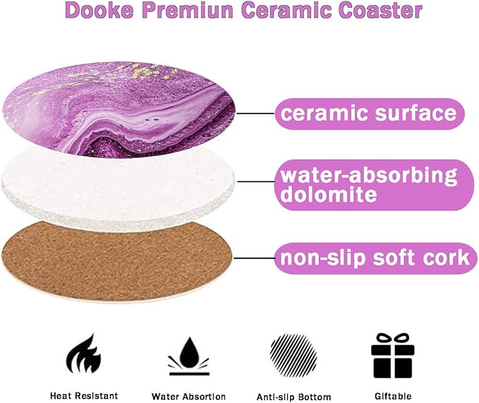 Dooke Coasters for Drinks, Round Absorbent Ceramic Stone Coasters Set of 6 with Cork Base, Funny Drink Coasters with Holder for Cold Drinks Wine Mugs and Cups Tabletop Protection, 4 Inches,Purple